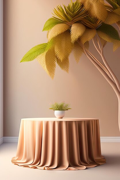 Lijstteller met beige bruin linnentafelkleedgordijn in de schaduw van het zonlicht tropische blad op lege whi