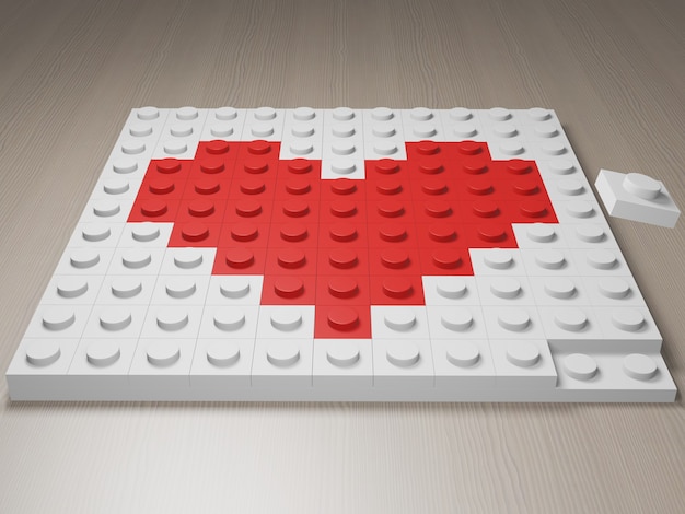 Come un'icona realizzata con un blocco di stile lego cuore rosso formato da un rendering fotorealistico 3d di blocchi di costruzione