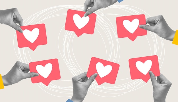 like it rate a photo or post social media an interesting video collage on a paper background like video comments leave a positive review