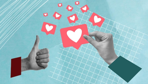 like it rate a photo or post social media an interesting video collage on a paper background