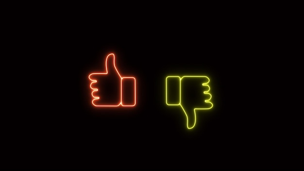 Photo like and unlike icon in neon animation light glowing colorful bright symbol with black background yes and no thumb up