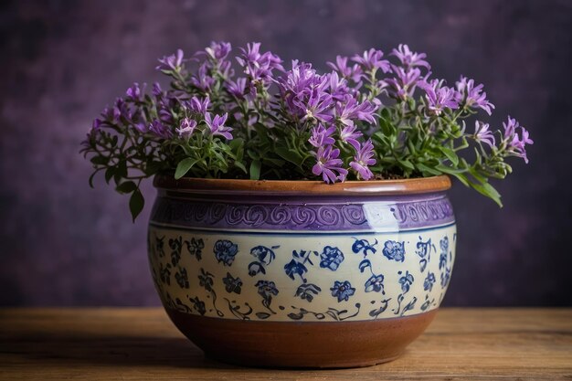 Lila bloemen in een vaas omringd door groene bladeren die een prachtig boeket creëren