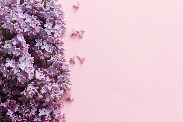 Lila bloemen op roze papier floral wenskaart met ruimte voor tekst paarse lila rand bovenaanzicht