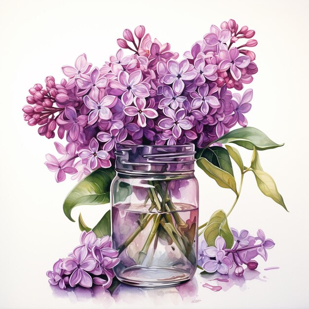 Photo lila flowers in a jar with water and leaves on a table generative ai