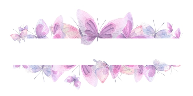 Lila roze en blauwe vlinders Aquarel illustratie Compositie uit de collectie CATS AND BUTTERFLIES Voor het ontwerpen en decoreren van prenten ansichtkaarten posters