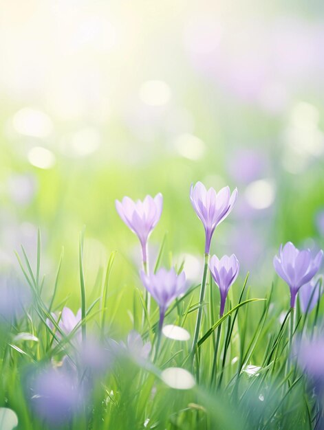 Foto lila voorjaarsbloemen op een wazige achtergrond van gras ai generatieve zachte fotografie in pasteltonen met copyspace perfect voor posteromslag of seizoensgebonden reclame