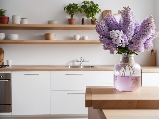 Lilac Elegance Beautiful Flowers in Vase on Wooden Countertop