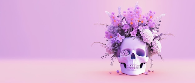 Lilac field flowers in a human39s skull that serves as a pot on lavender pastel background