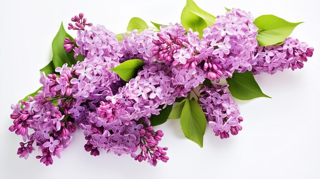 Lilac Flowers in Blossom with Green Leaves on White Background