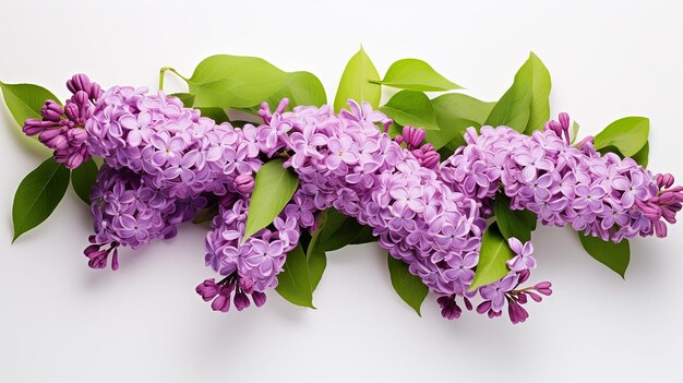 Lilac Flowers in Blossom with Green Leaves on White Background