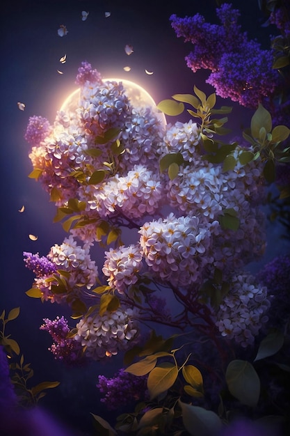 Lilac flowers on night sky background