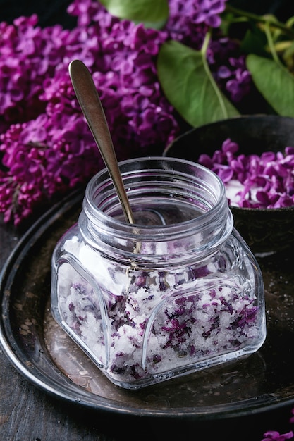 Lilac flowers in sugar