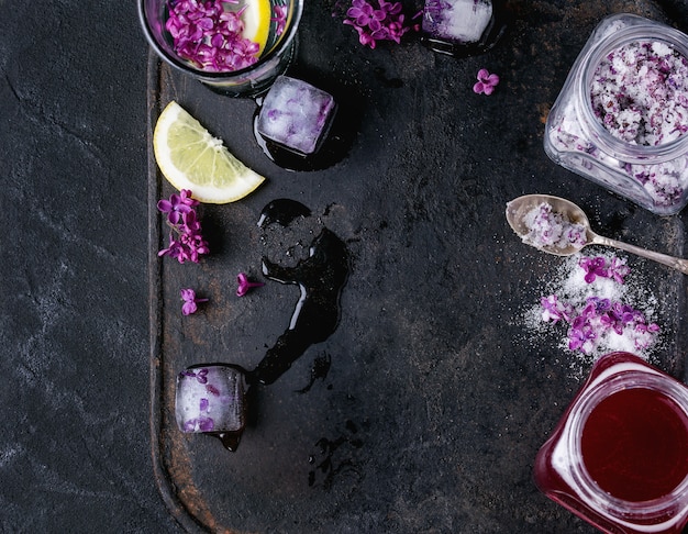 Lilac flowers in sugar