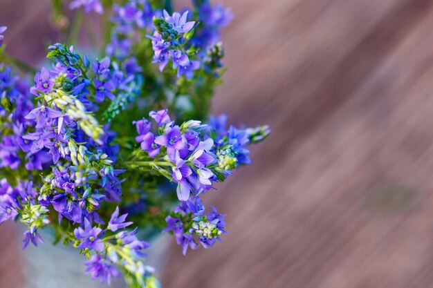 Lilac flowers in a vase close-up on a wooden