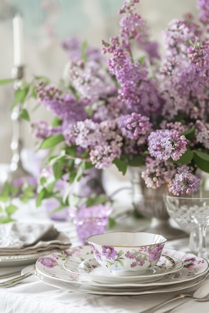 皿とお茶のカップが付いたダイニングテーブルの花瓶の中のライラックの花