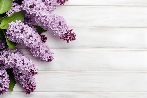 Lilac flowers on white wooden background spring flat lay composition Top view Copy space