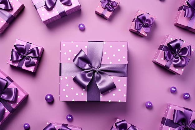 Lilac gift boxes with ribbon bows generative ai