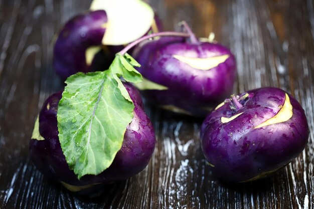 Lilac kohlrabi cabbage. Close-up.