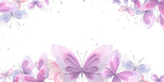 Lilac pink and blue butterflies Watercolor illustration Composition from the collection of CATS AND BUTTERFLIES For the design and decoration of prints postcards posters