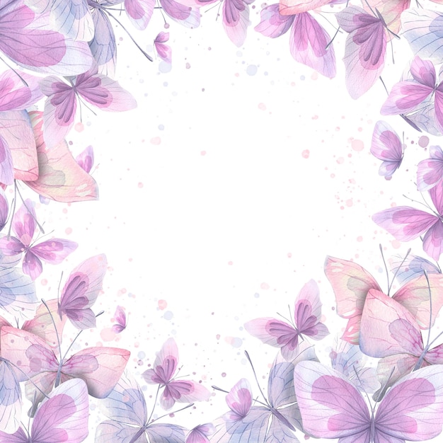 Lilac pink and blue butterflies with splashes of paint\
watercolor illustration template from the collection of cats and\
butterflies for the design and decoration of prints postcards\
posters