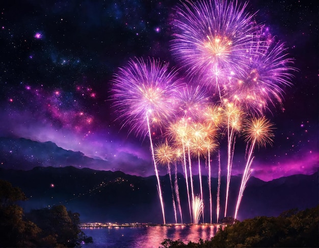 Lilac purple holiday fireworks background with sparks colored stars and bright nebula on black night sky Amazing beauty colorful fireworks display on celebration showing Holidays backgrounds