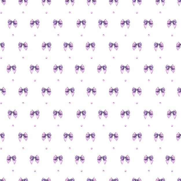 Сиреневые атласные банты милые Акварельные иллюстрации Бесшовный узор на белом фоне из коллекции LAVENDER SPA Для оформления оформления тканей, обоев, текстиля, упаковочной бумаги