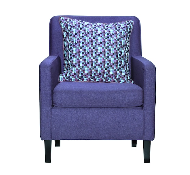 Lilac textile chair isolated on white. Chair furniture with pillows