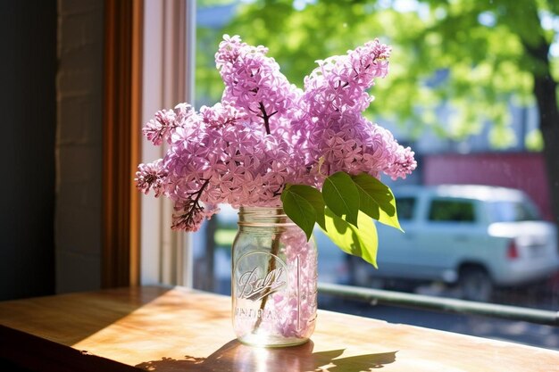 Photo lilacs in a glass jar on a sunny windowsill spring flower image photography