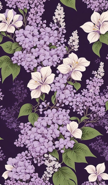 Lilacs and hibiscus floral graphic vector art seamless pattern illustration