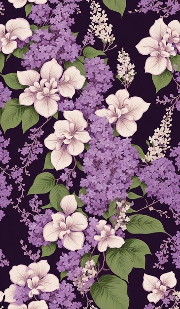 Lilacs and hibiscus floral graphic vector art seamless pattern illustration