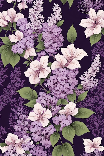 Lilacs and hibiscus floral graphic vector art seamless pattern illustration
