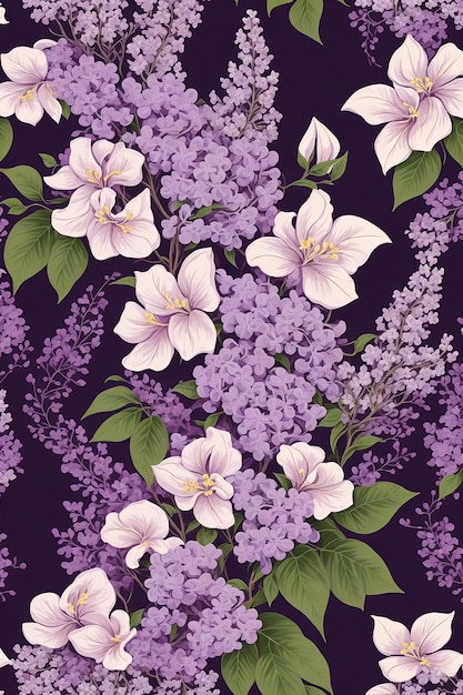 Lilacs and hibiscus floral graphic vector art seamless pattern illustration