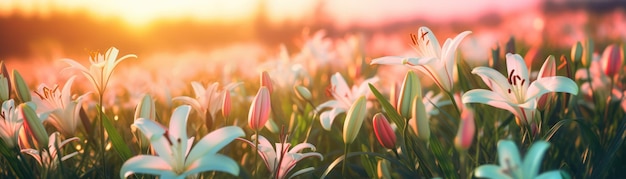 Lilies Field On Blurred Sunrise Background Banner For Web Generative AI