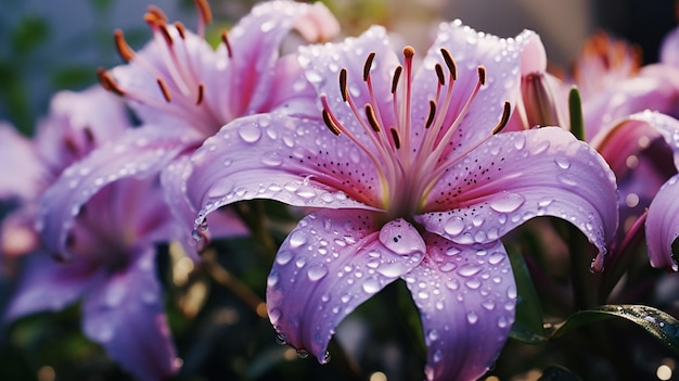 ライラーズの花は白いライラックス ピンクの朝の露の水滴で