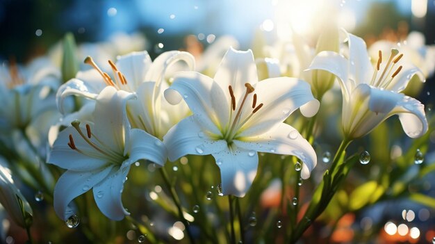 lilies flowers white lilac pink with morning dew water drops