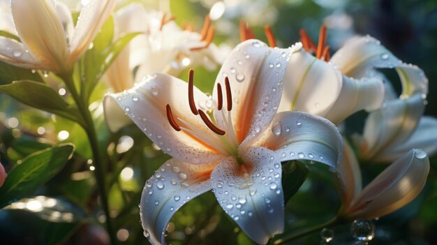 lilies flowers white lilac pink with morning dew water drops