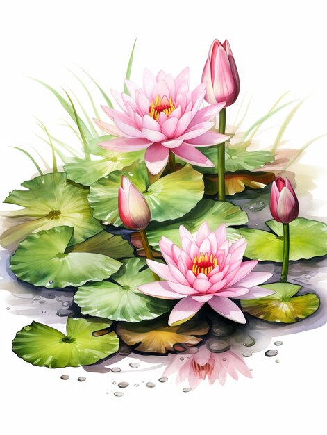 Lilies in a Pond A Detailed Watercolor Illustration AI Generated