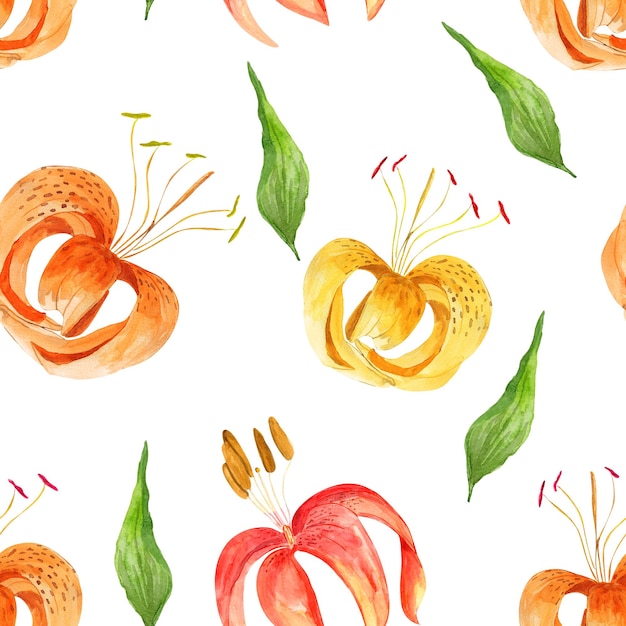 Lilies spring summer flowers watercolor seamless pattern