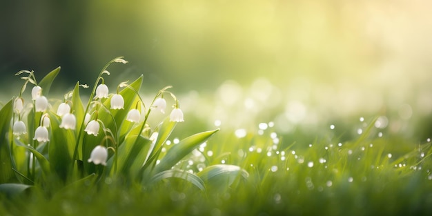 Lilies of the valley Convallaria White spring flowers on a green blurred background copy space bokeh