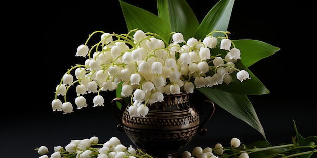 Photo lilies of the valley in flowerpot on dark background