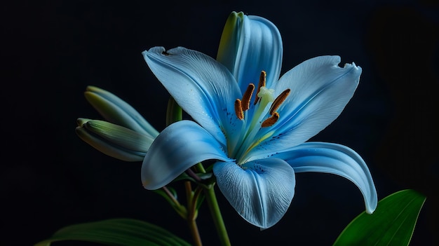 Lily blue flower isolated on black background Closeup Nature Generative AI