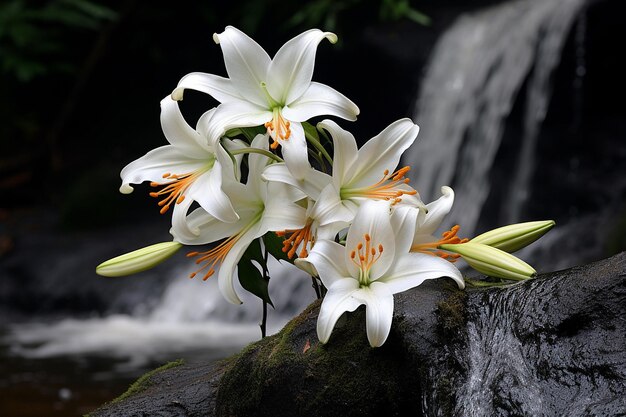 Lily boeket met een zacht focus beeld van een waterval op de achtergrond