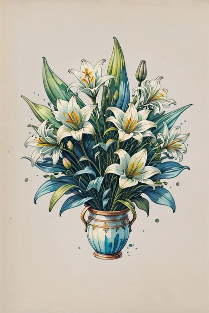 Foto bouquet di gigli in pentola illustrazione ad acquerello