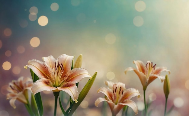 Lily flowers in the grass with the sun behind them