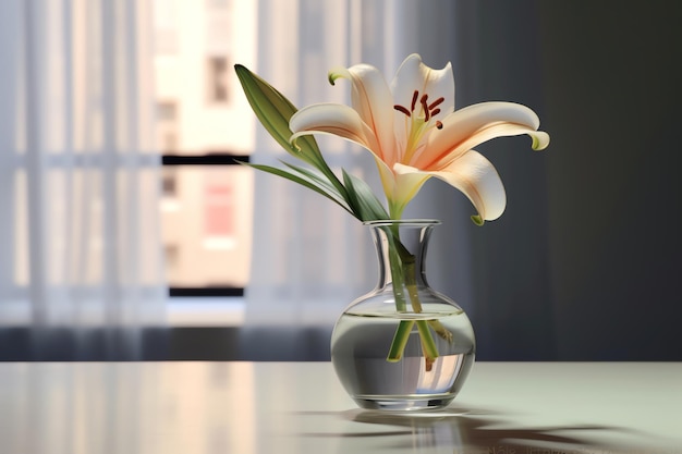 A lily in a glass vase with an empty modern living room