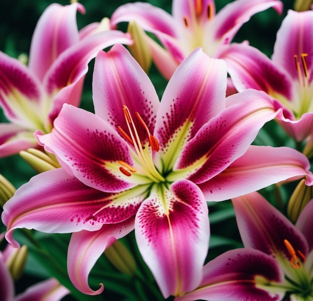 リリウム (リリウム) はリリアセイ (Liliaceae) の属の植物で長年生息するハーブでピンクの花束が優雅に装備されています