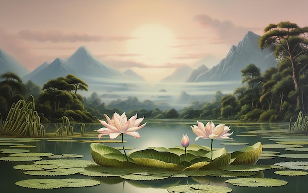 Lily Pad Serenity Painting with Mountains in the Background