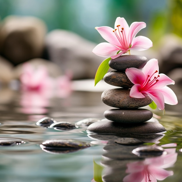 Lily and spa stones in zen garden Stack of spa