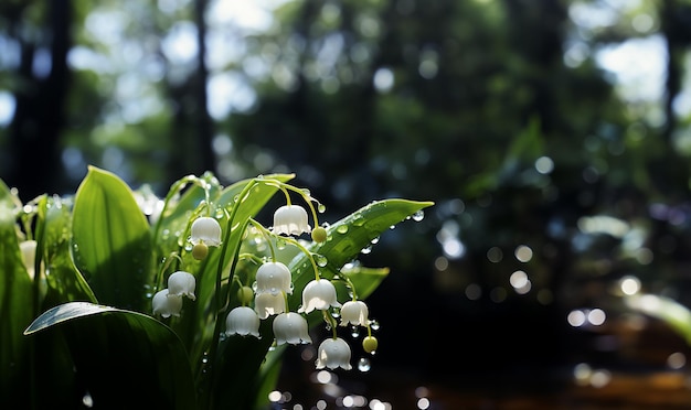 흐린 배경에 은방울꽃이나 Convallaria 꽃이 닫혀 있습니다. 아름다운 광각 자연