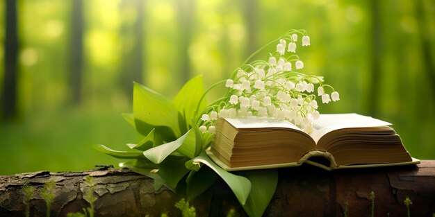 Lily of the Valley flowers and old books in the forest green natural background